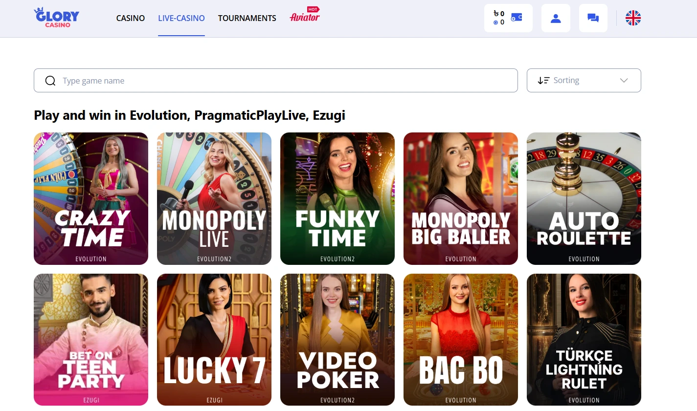 Top games on the Glory casino app 